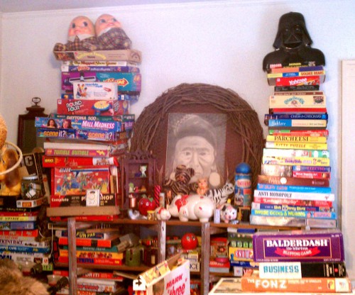 board game collection as seen from front door